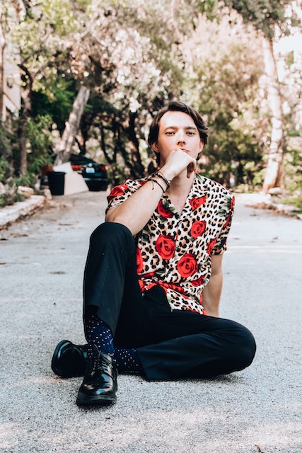 floral print shirt with oxfords and black pants