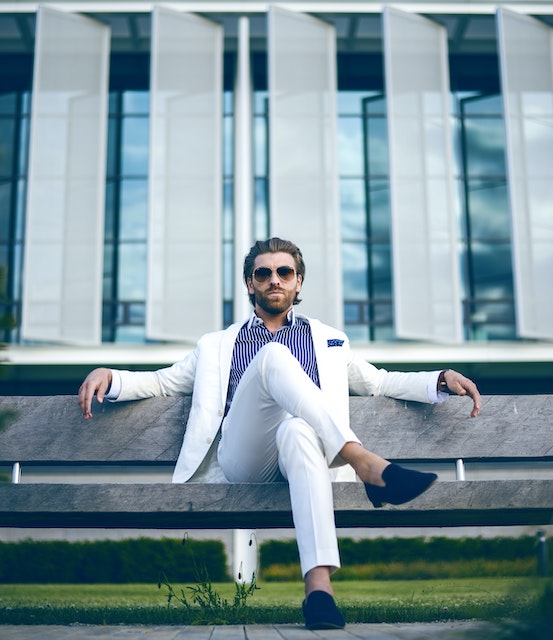 suede loafers with white blazer and pant