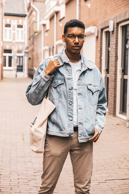 jean jacket with chinos and white shirt