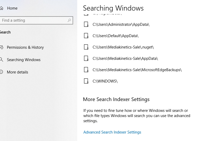 Disable search indexing windows